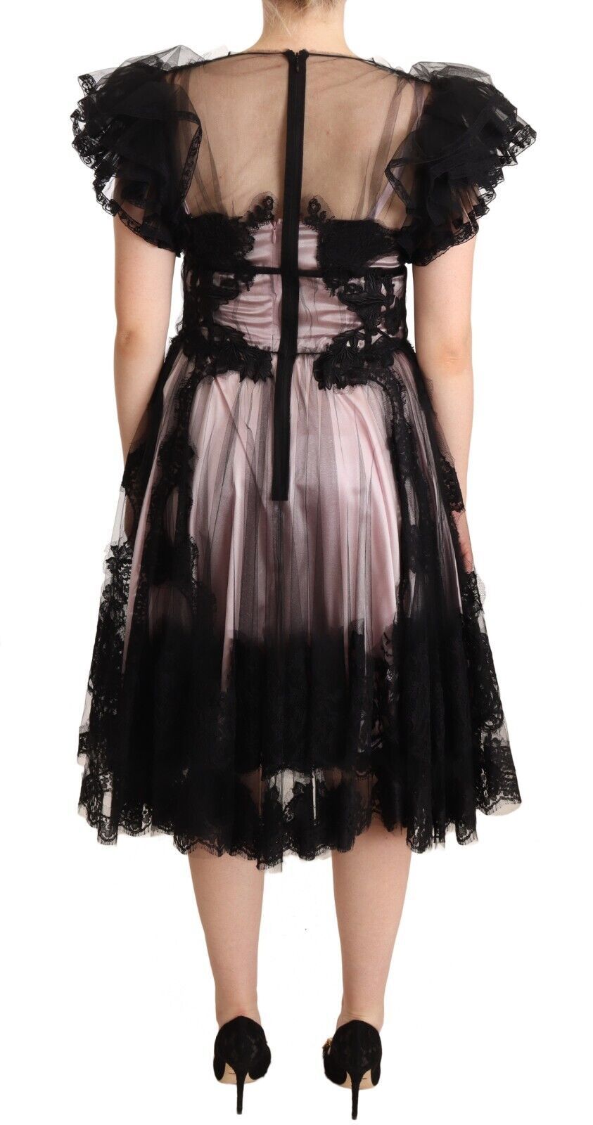 Chic Black Floral Lace Midi Dress - ventzia