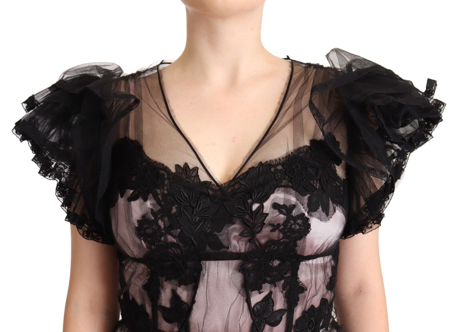Chic Black Floral Lace Midi Dress - ventzia