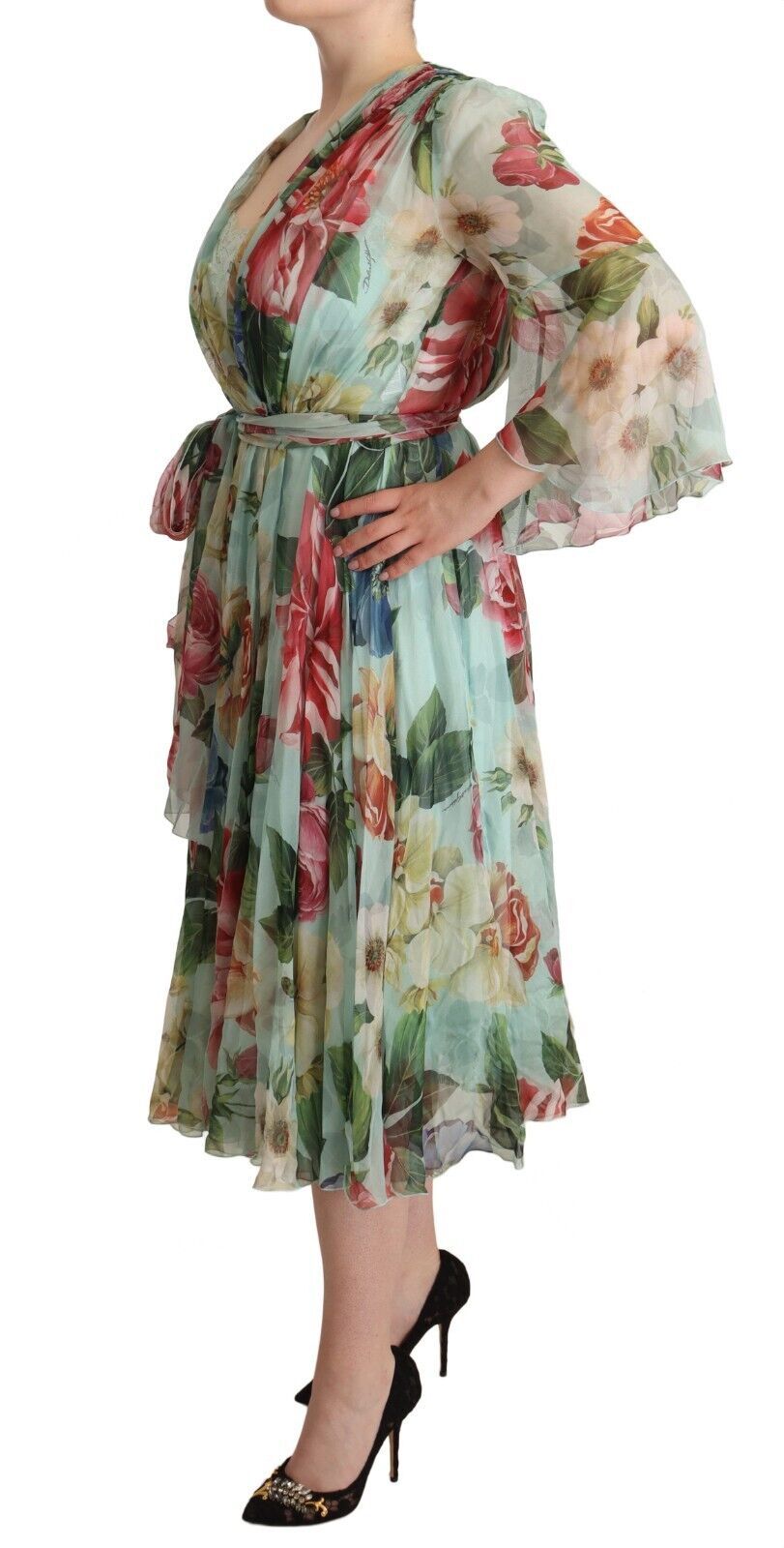 Elegant Floral Green Midi Silk Dress - ventzia