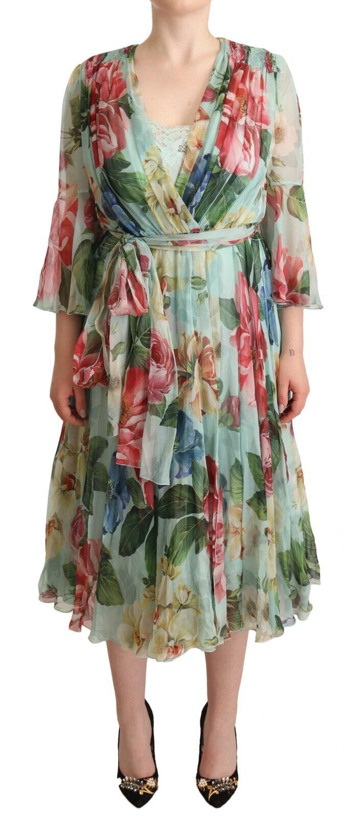 Elegant Floral Green Midi Silk Dress - ventzia