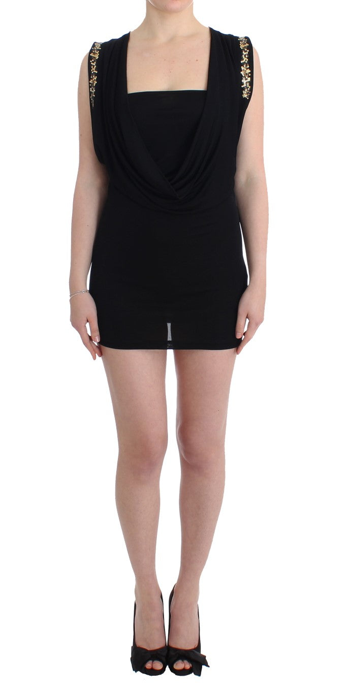 Elegant Sleeveless Black Mini Dress with Gold Details - ventzia