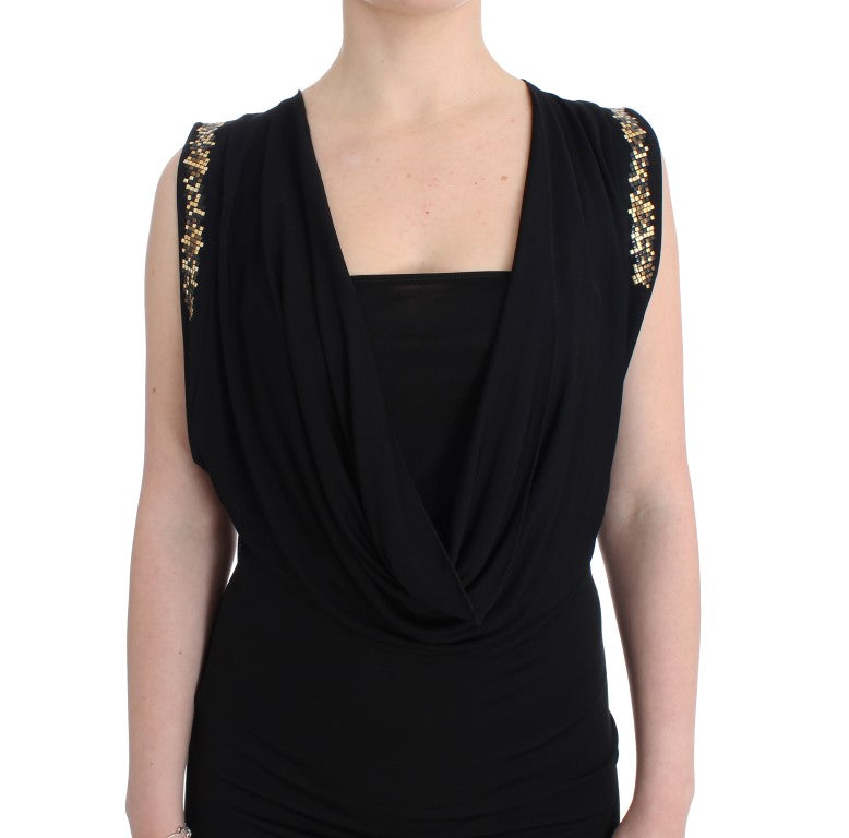 Elegant Sleeveless Black Mini Dress with Gold Details - ventzia