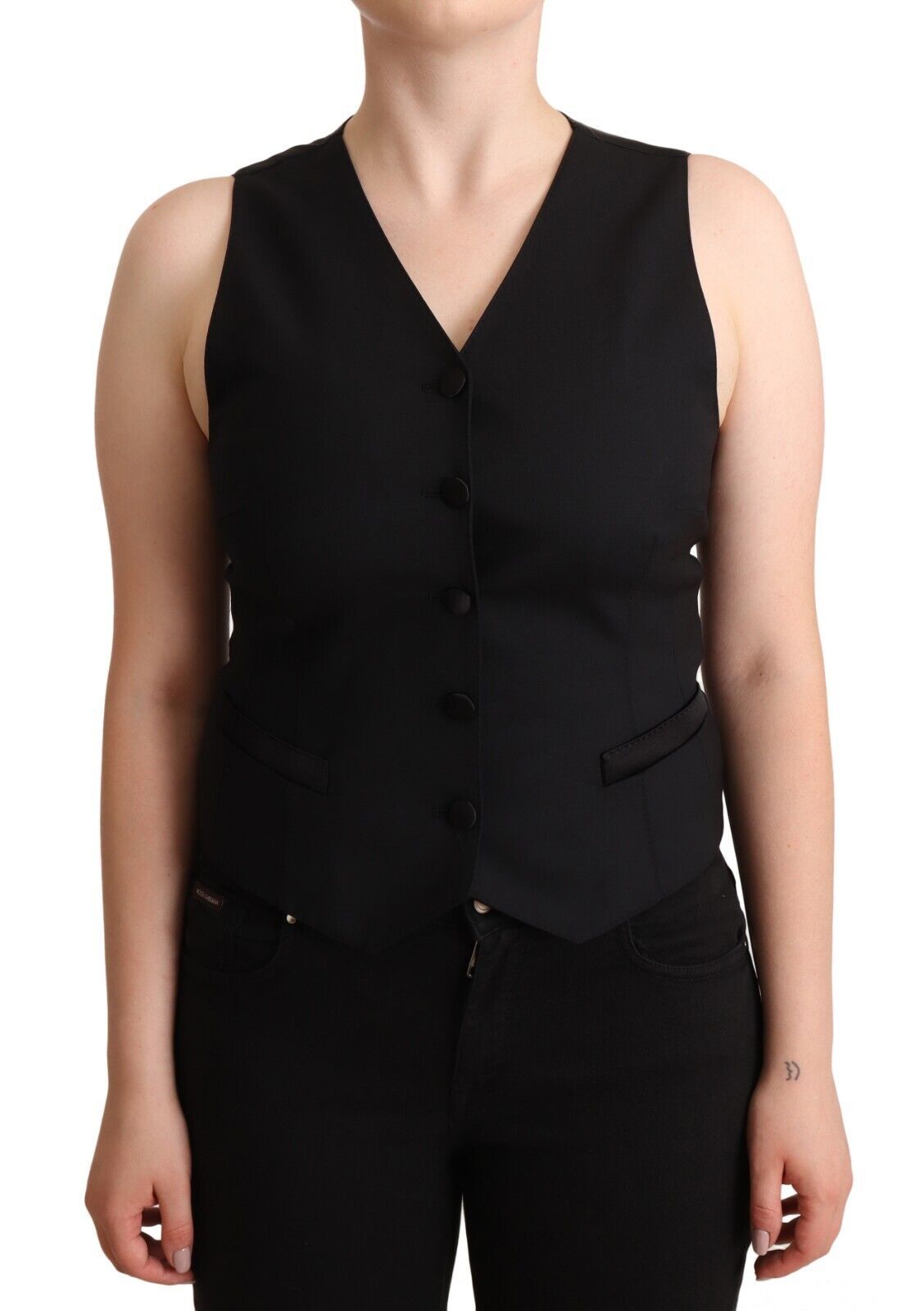 Elegant Black Vest Top with Button Detail - ventzia