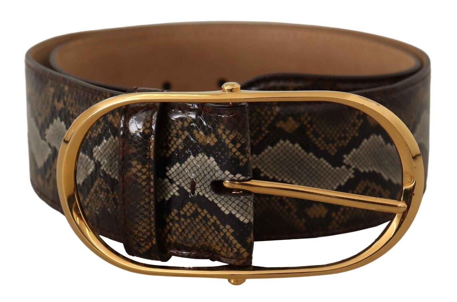 Brown Python Leather Gold Oval Buckle Belt - ventzia