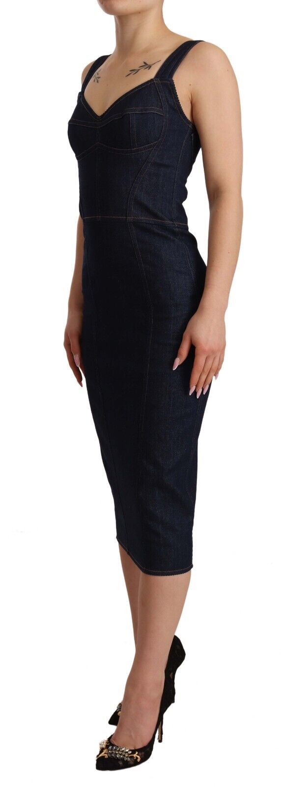 Elegant Dark Blue Denim Sheath Midi Dress - ventzia