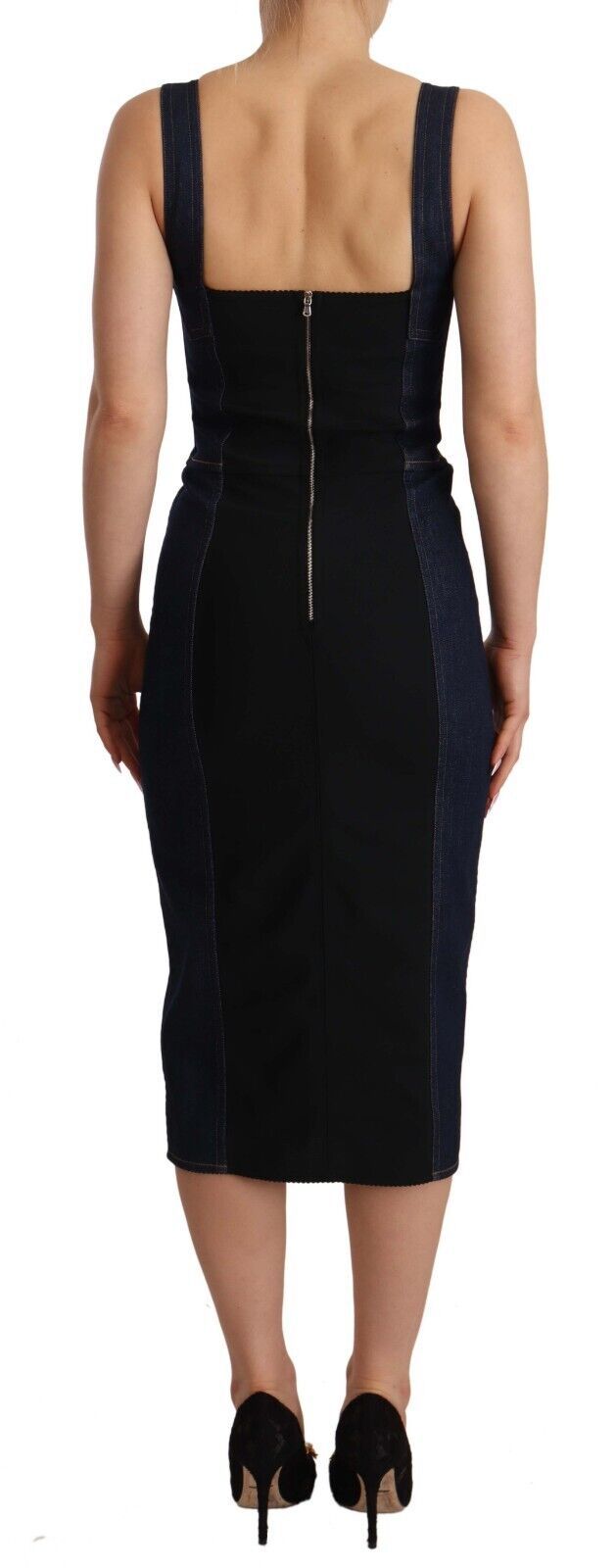 Elegant Dark Blue Denim Sheath Midi Dress - ventzia