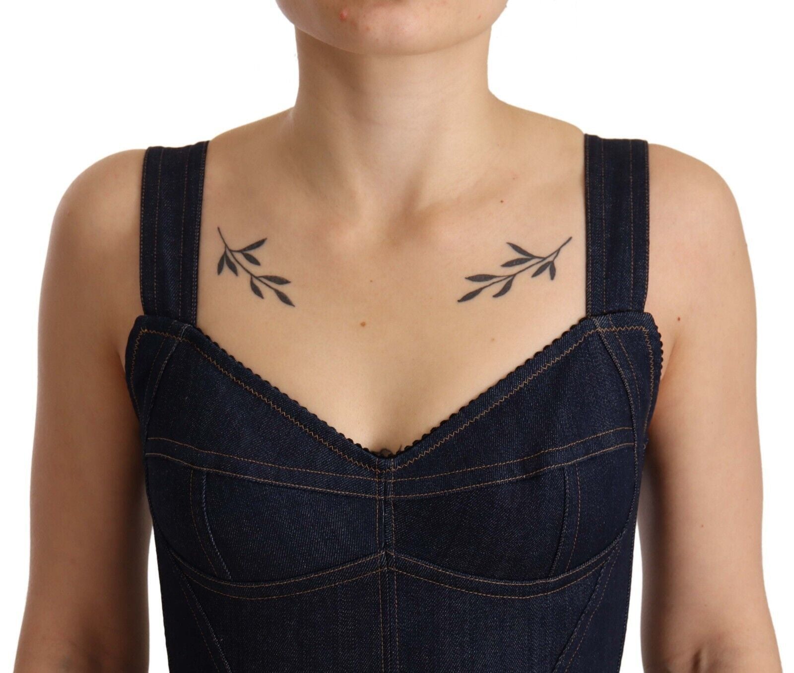 Elegant Dark Blue Denim Sheath Midi Dress - ventzia