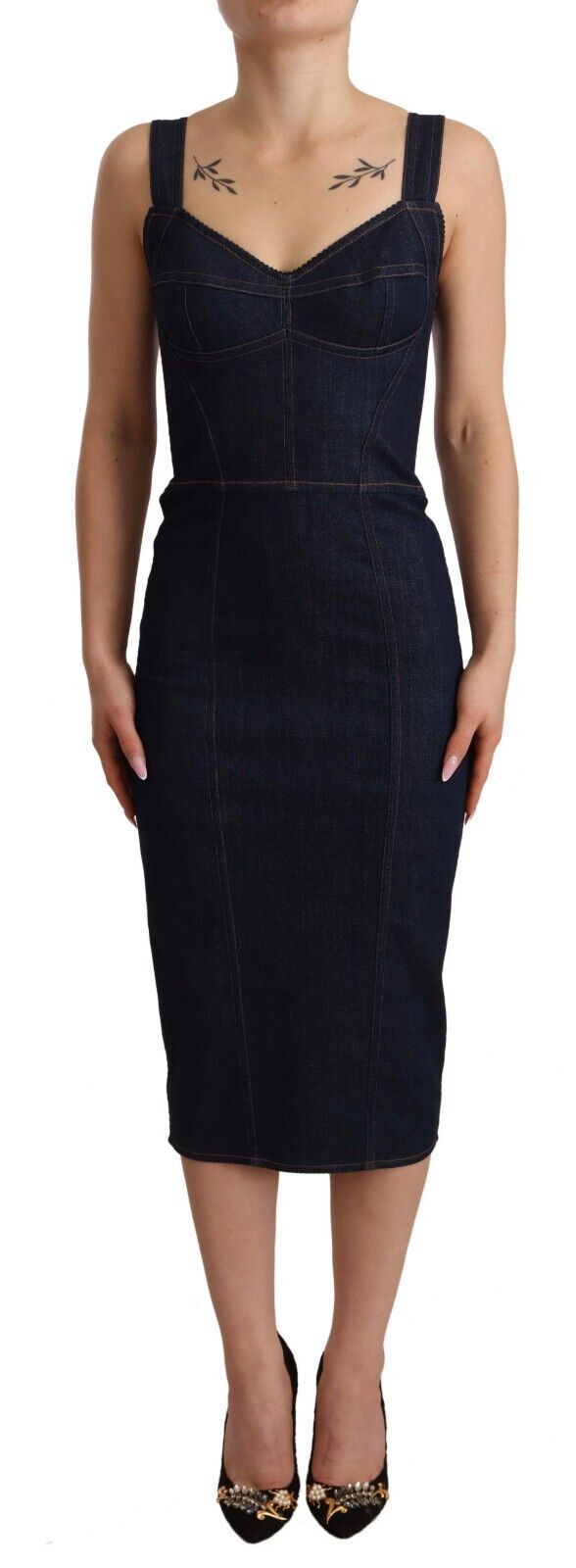 Elegant Dark Blue Denim Sheath Midi Dress - ventzia
