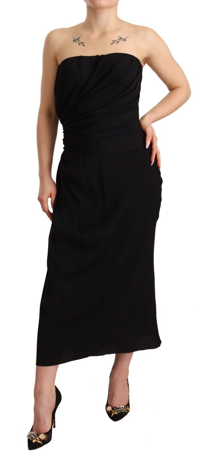 Elegant Strapless Silk Midi Dress - ventzia