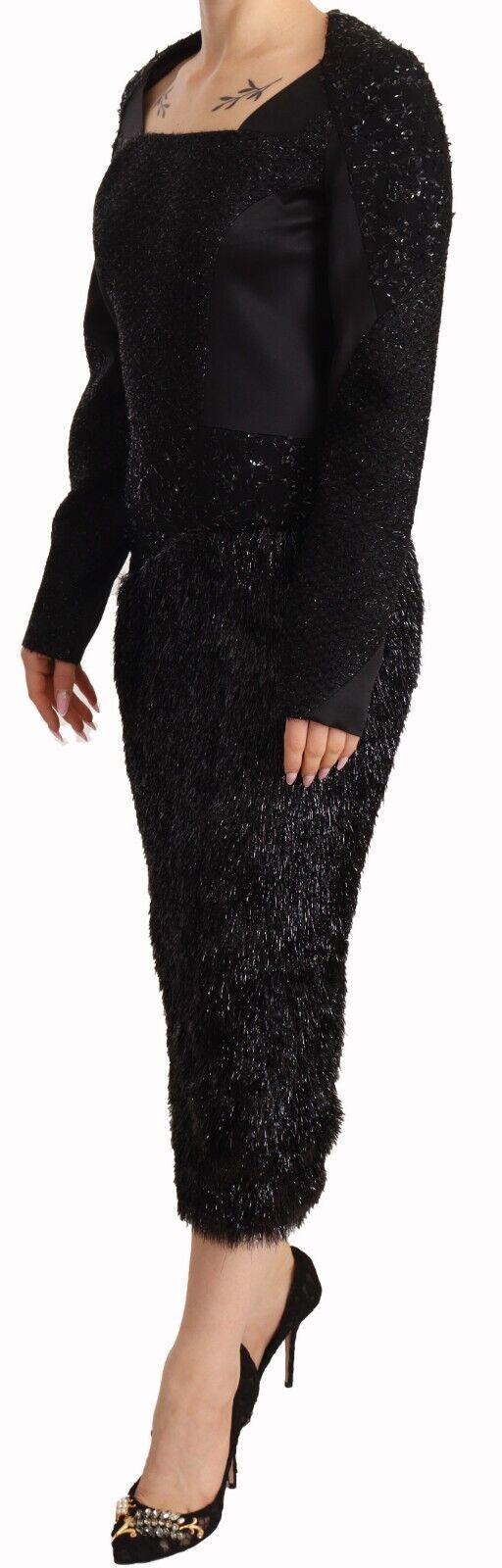 Elegant Black Embellished Sheath Midi Dress - ventzia