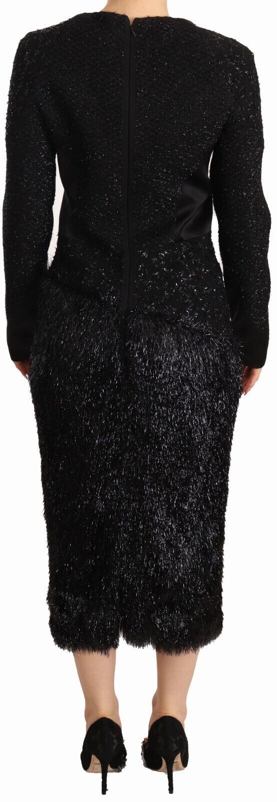 Elegant Black Embellished Sheath Midi Dress - ventzia