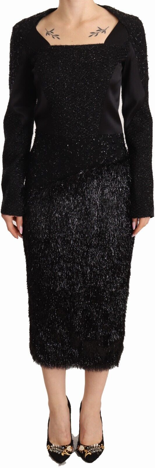 Elegant Black Embellished Sheath Midi Dress - ventzia