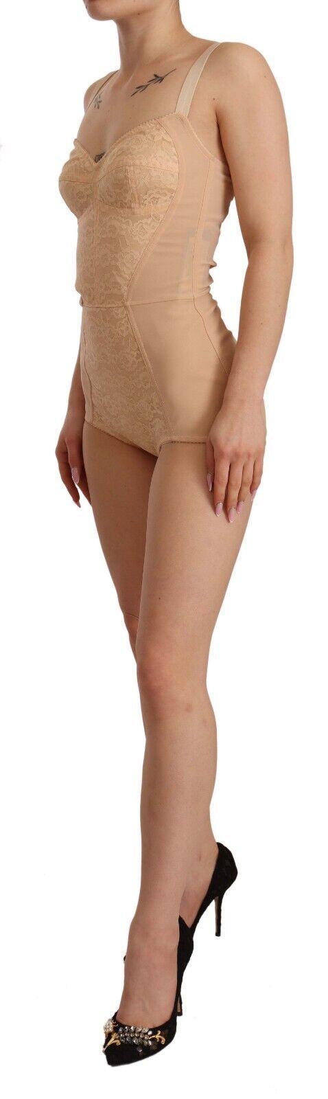 Beige Lace Panel Stretch Bodysuit - ventzia