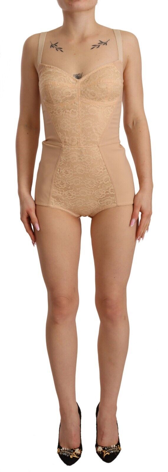 Beige Lace Panel Stretch Bodysuit - ventzia