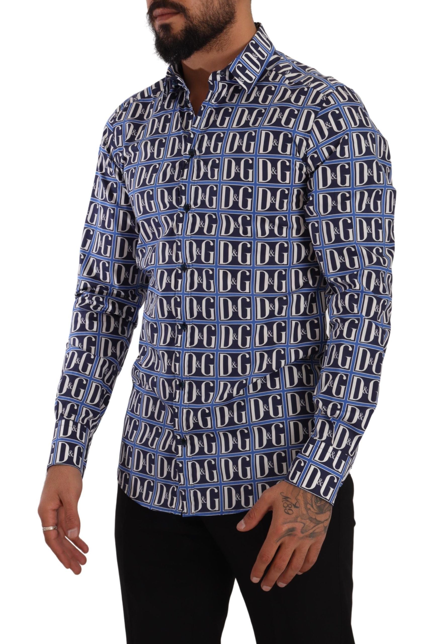 Slim Fit Blue Logo Cotton Shirt - ventzia