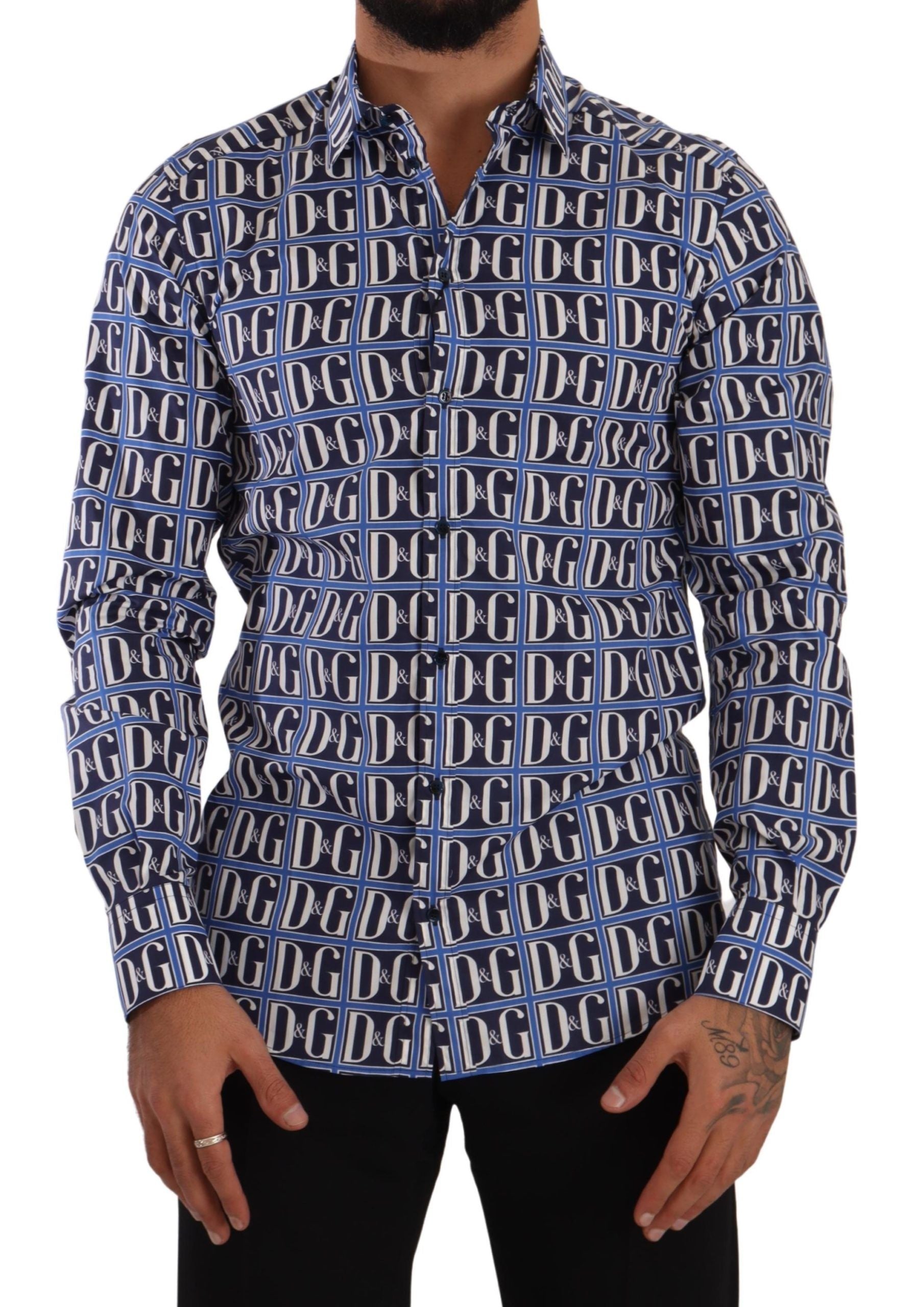 Slim Fit Blue Logo Cotton Shirt - ventzia