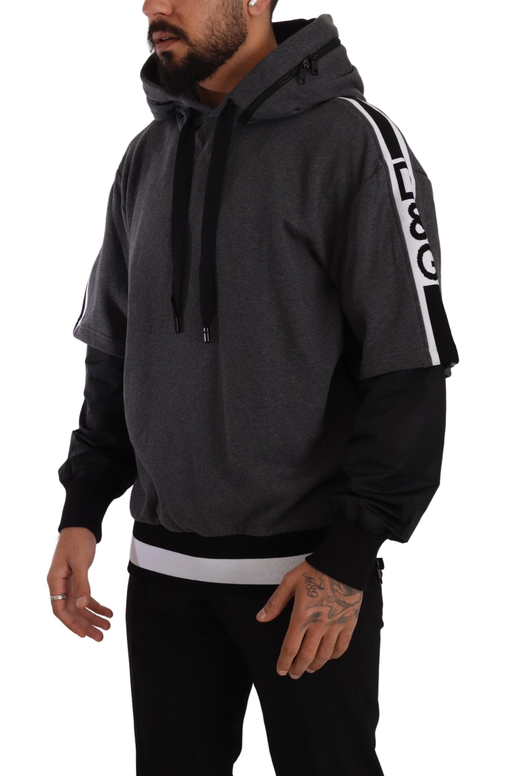 Elegant Hooded Black & Gray Pullover Sweatshirt - ventzia