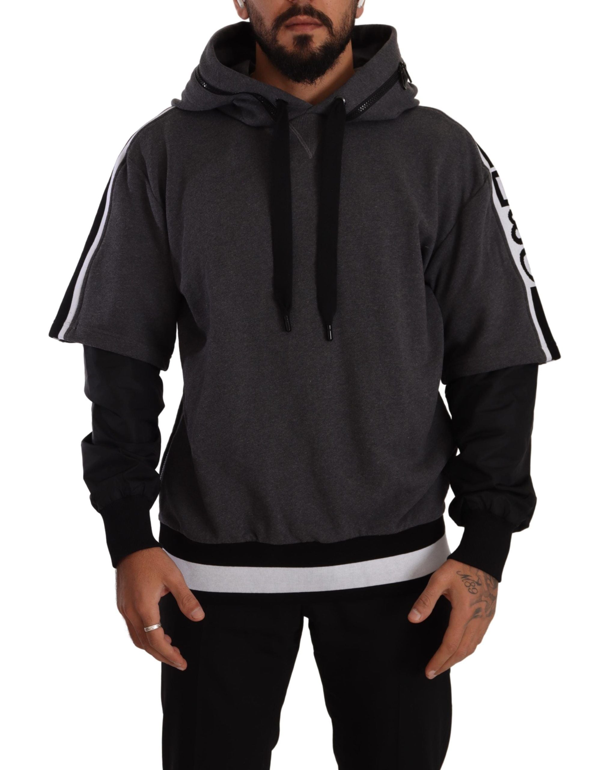 Elegant Hooded Black & Gray Pullover Sweatshirt - ventzia