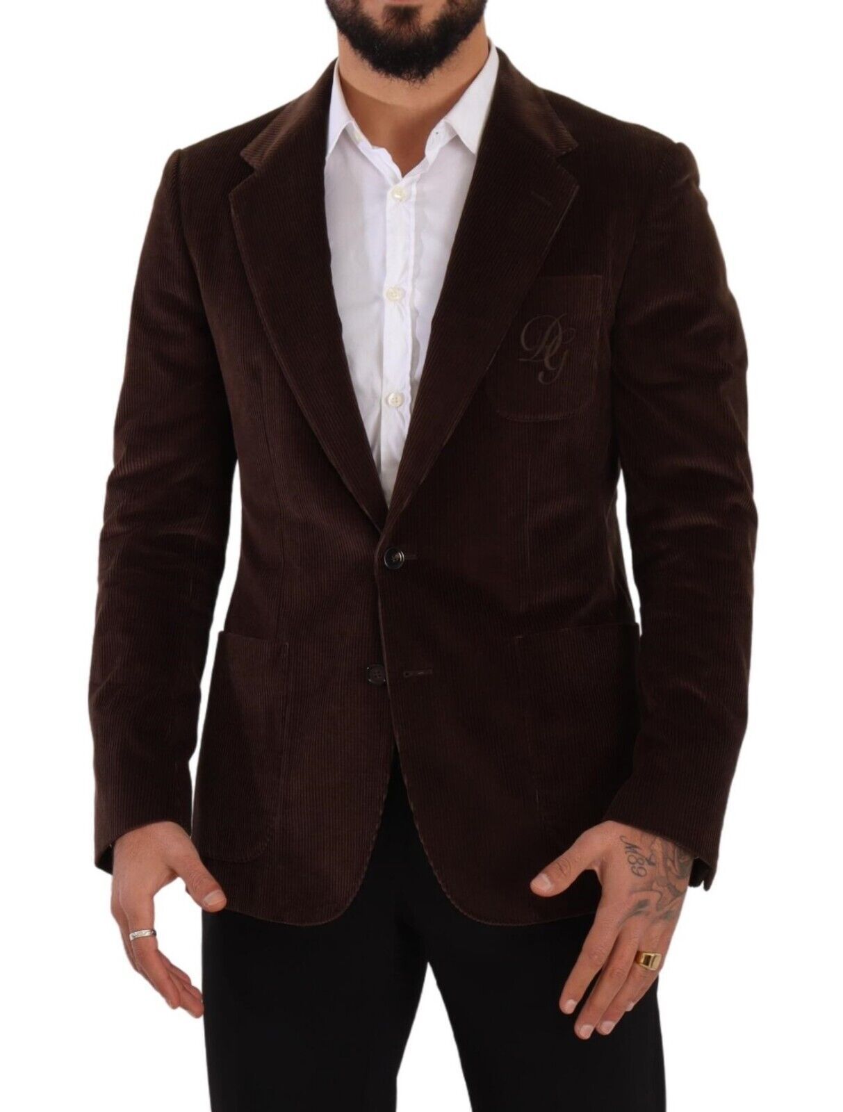 Brown Corduroy Slim Fit Coat DG Logo Blazer - ventzia