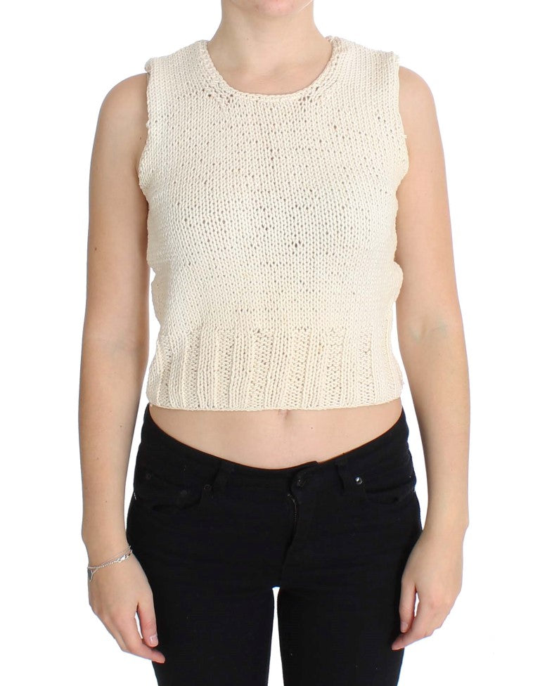 Beige Sleeveless Cotton Blend Vest Sweater - ventzia