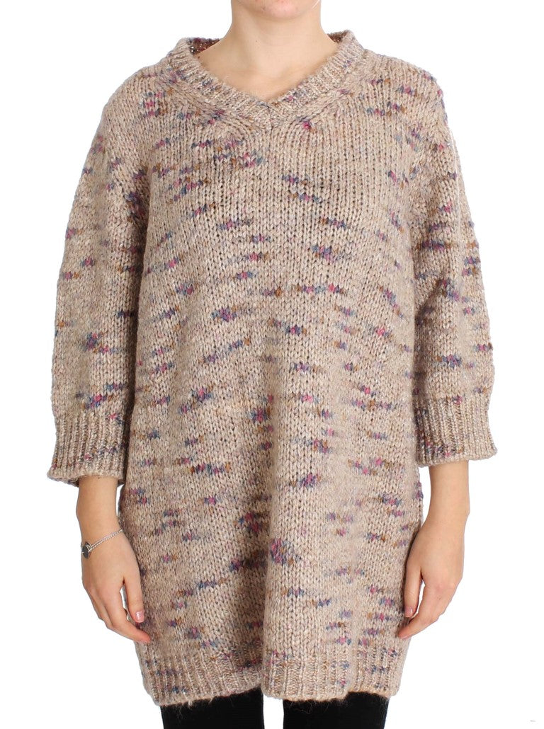 Beige Oversized V-Neck Knitted Sweater - ventzia