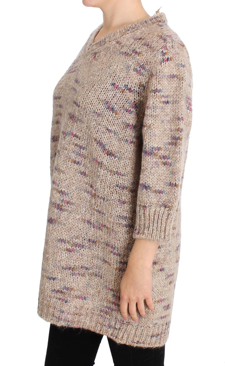 Beige Oversized V-Neck Knitted Sweater - ventzia