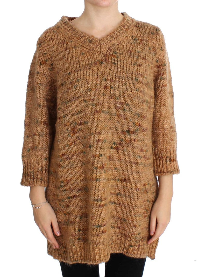 Chic Brown Oversize Knitted V-Neck Sweater - ventzia