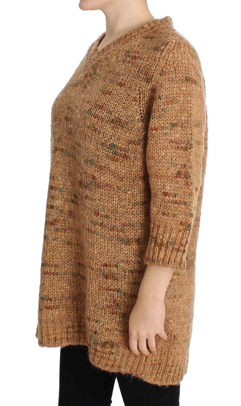 Chic Brown Oversize Knitted V-Neck Sweater - ventzia