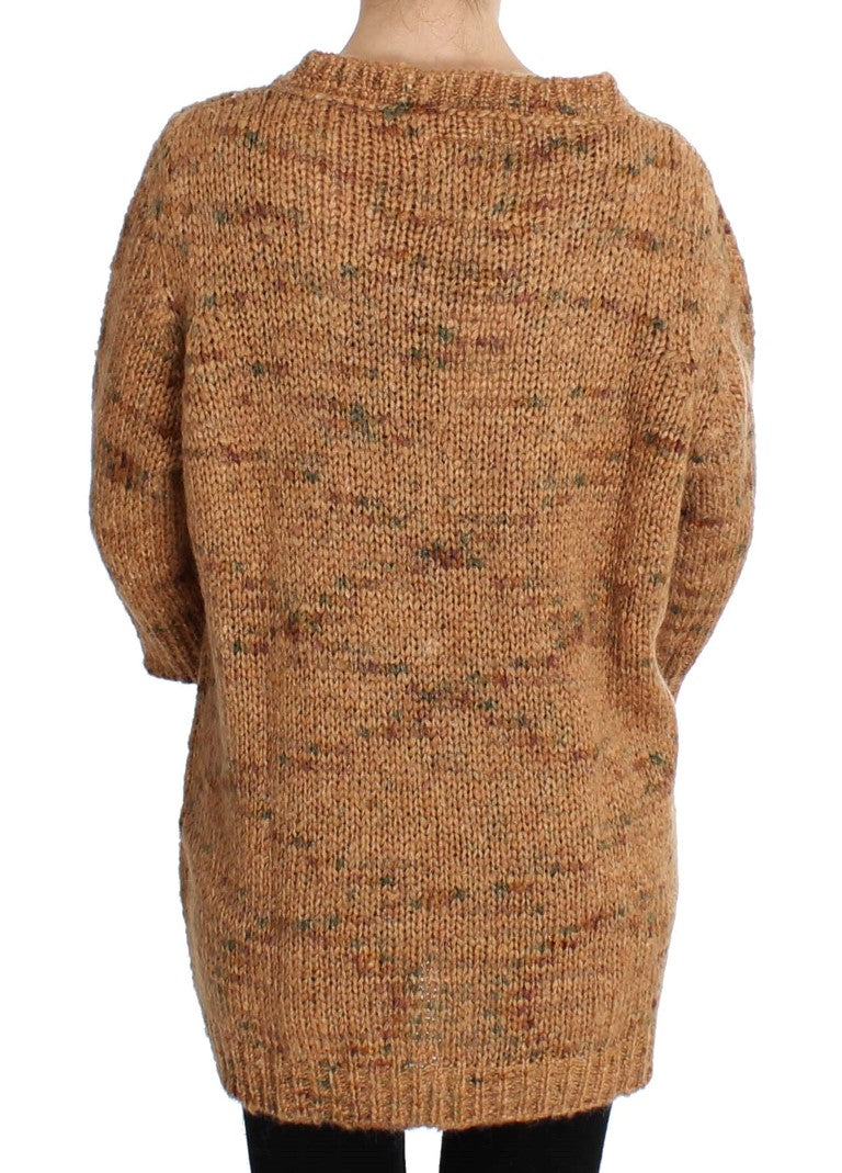 Chic Brown Oversize Knitted V-Neck Sweater - ventzia