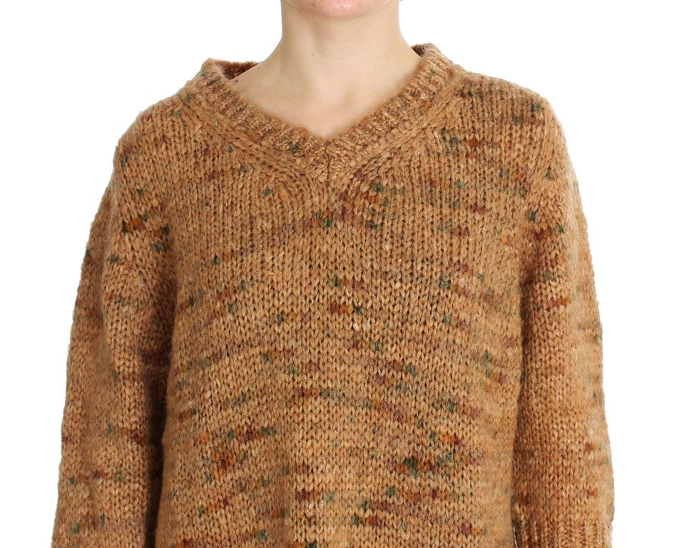 Chic Brown Oversize Knitted V-Neck Sweater - ventzia