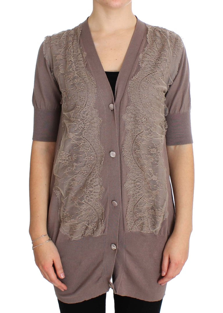 Elegant Purple Cotton Lace Cardigan Sweater - ventzia