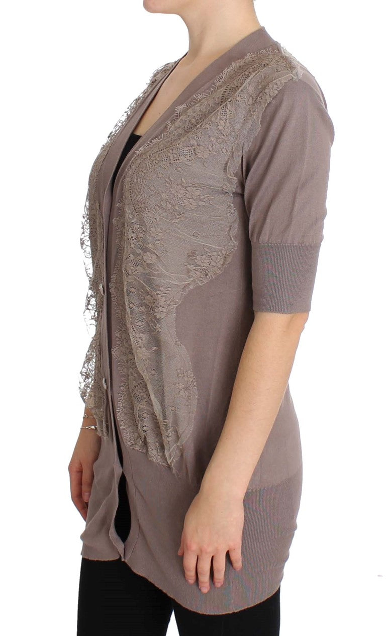Elegant Purple Cotton Lace Cardigan Sweater - ventzia