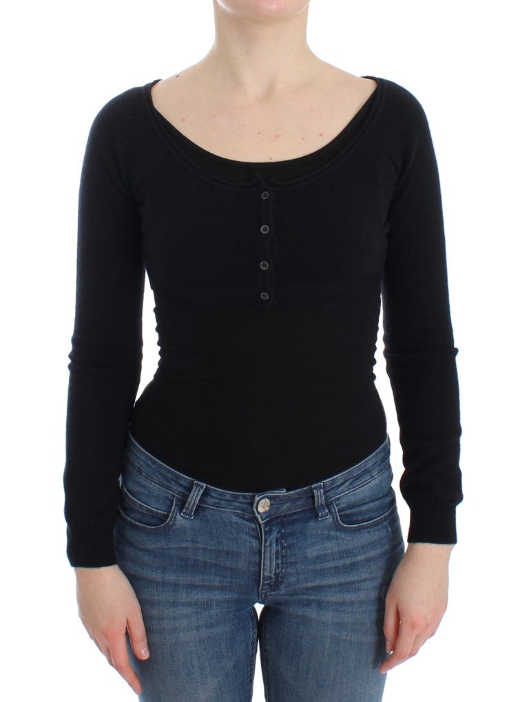 Chic Cropped Black Wool-Cashmere Sweater - ventzia