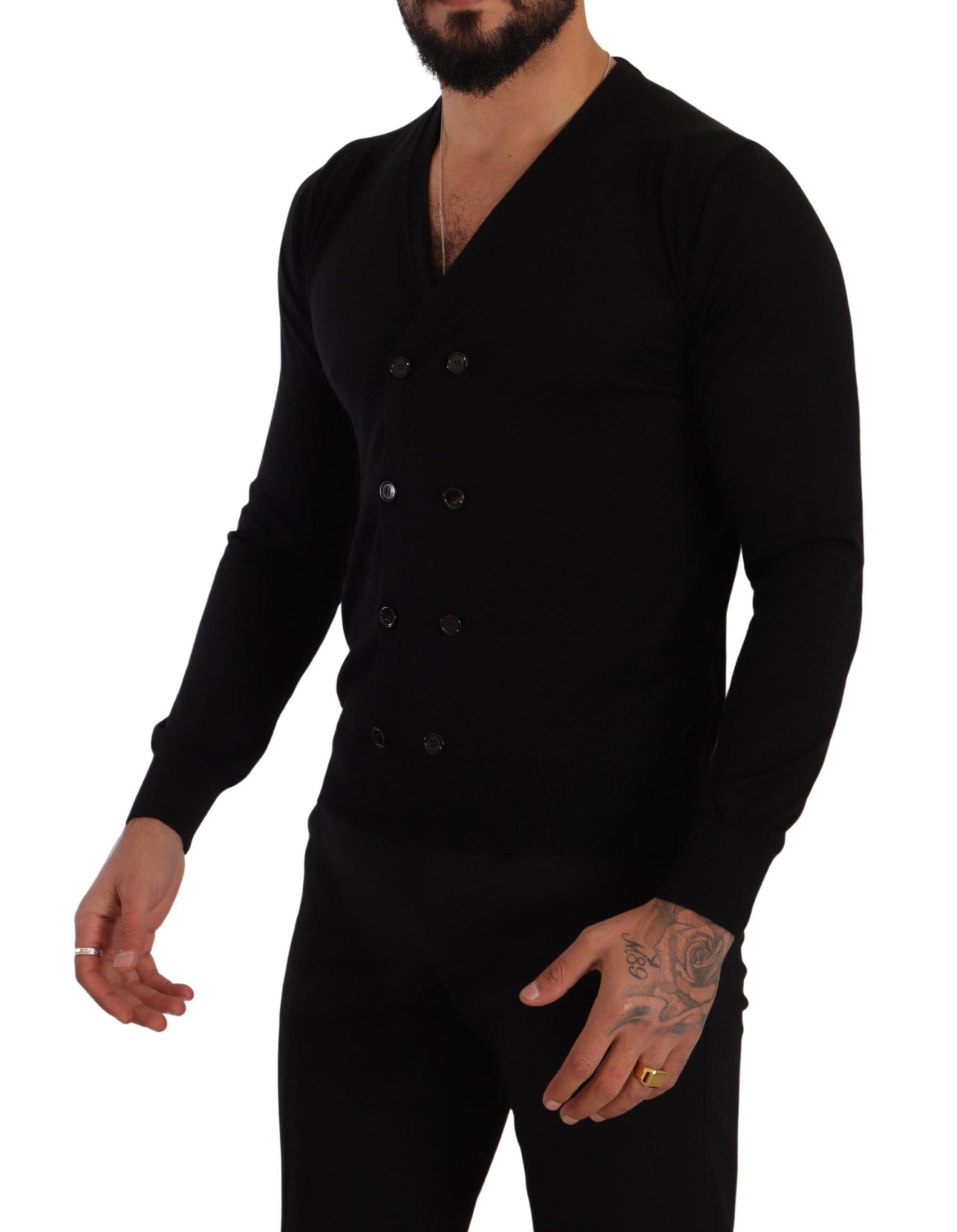 Elegant V-Neck Black Cashmere Cardigan - ventzia