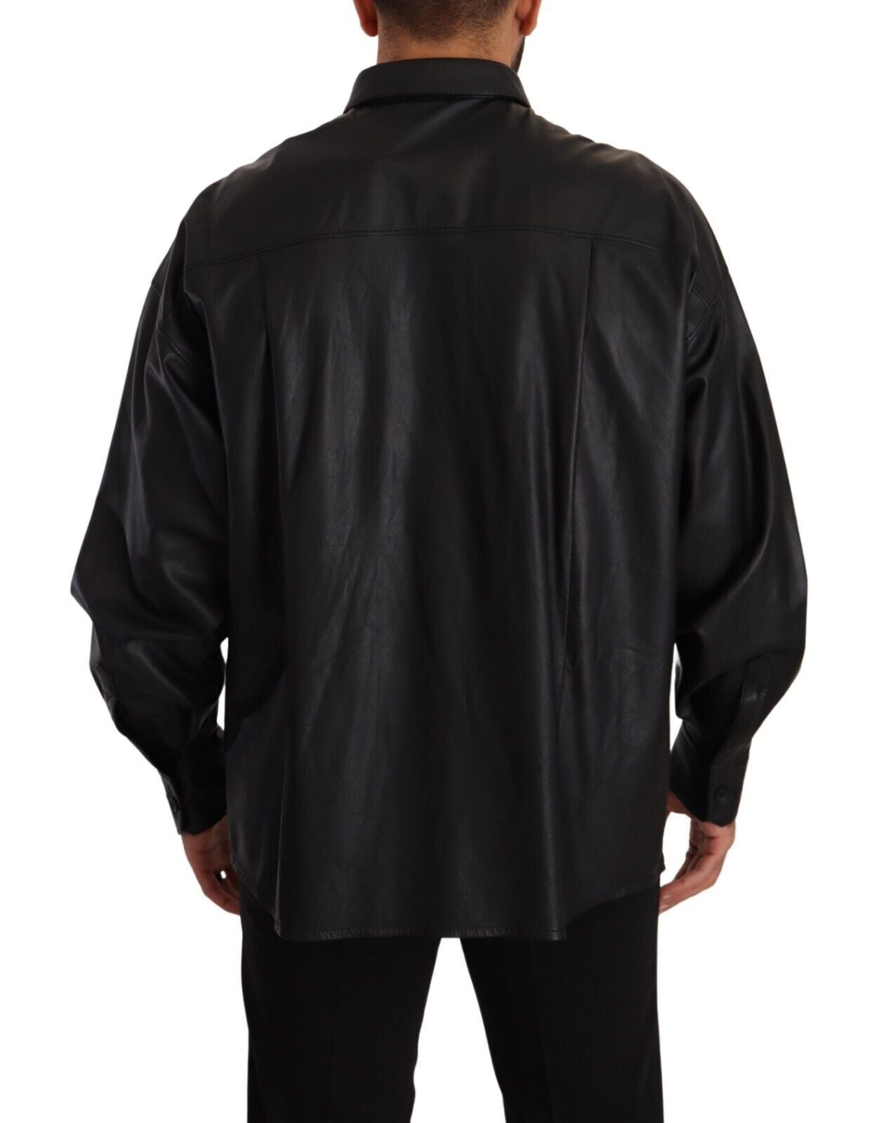 Black Leather Button Down Men Collared Jacket - ventzia