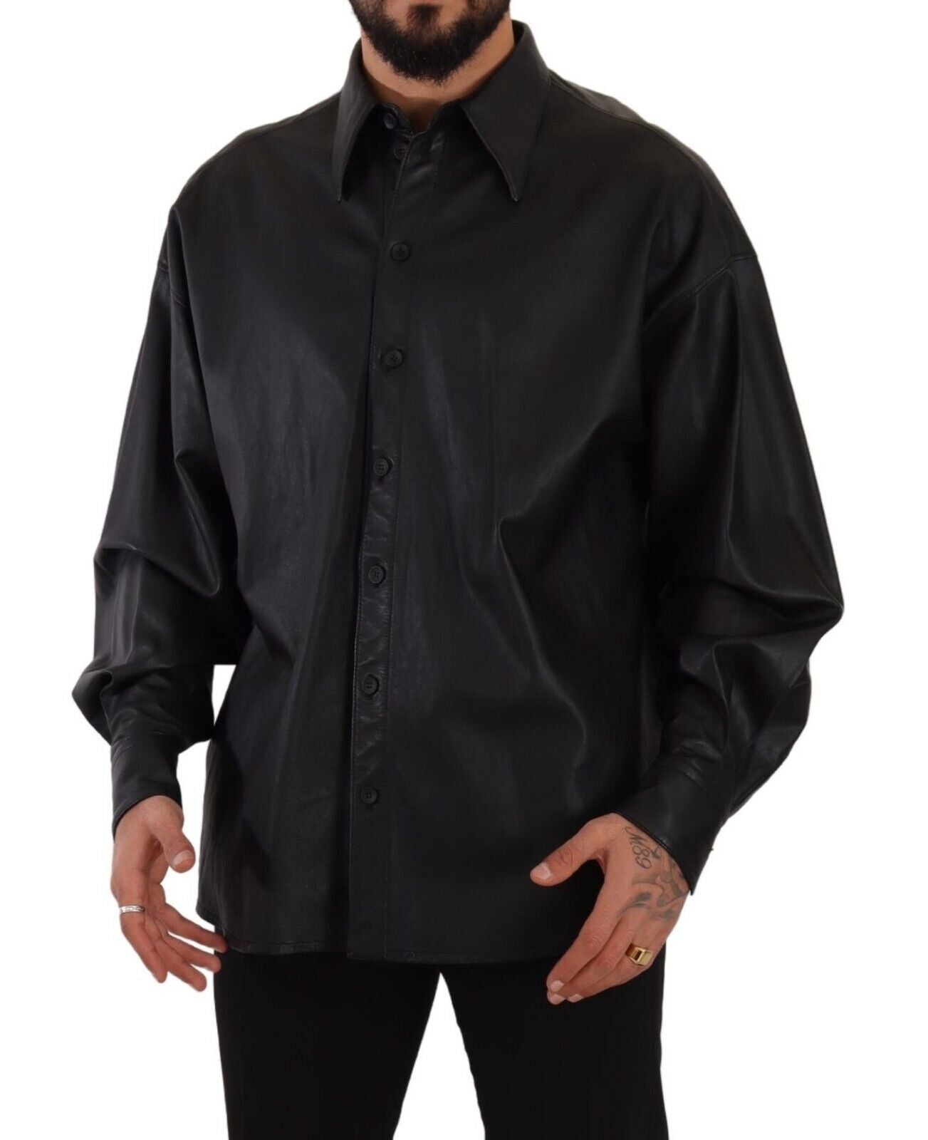 Black Leather Button Down Men Collared Jacket - ventzia