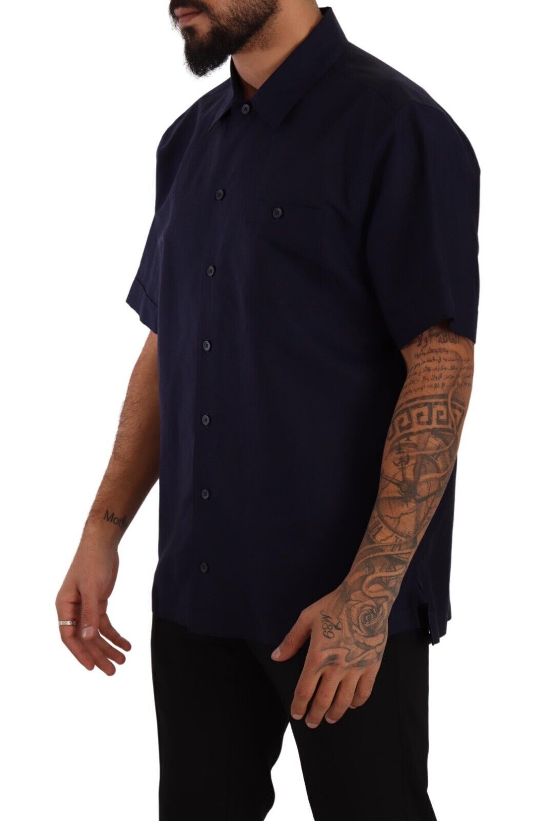 Navy Blue Button Down Short Sleeves Shirt - ventzia