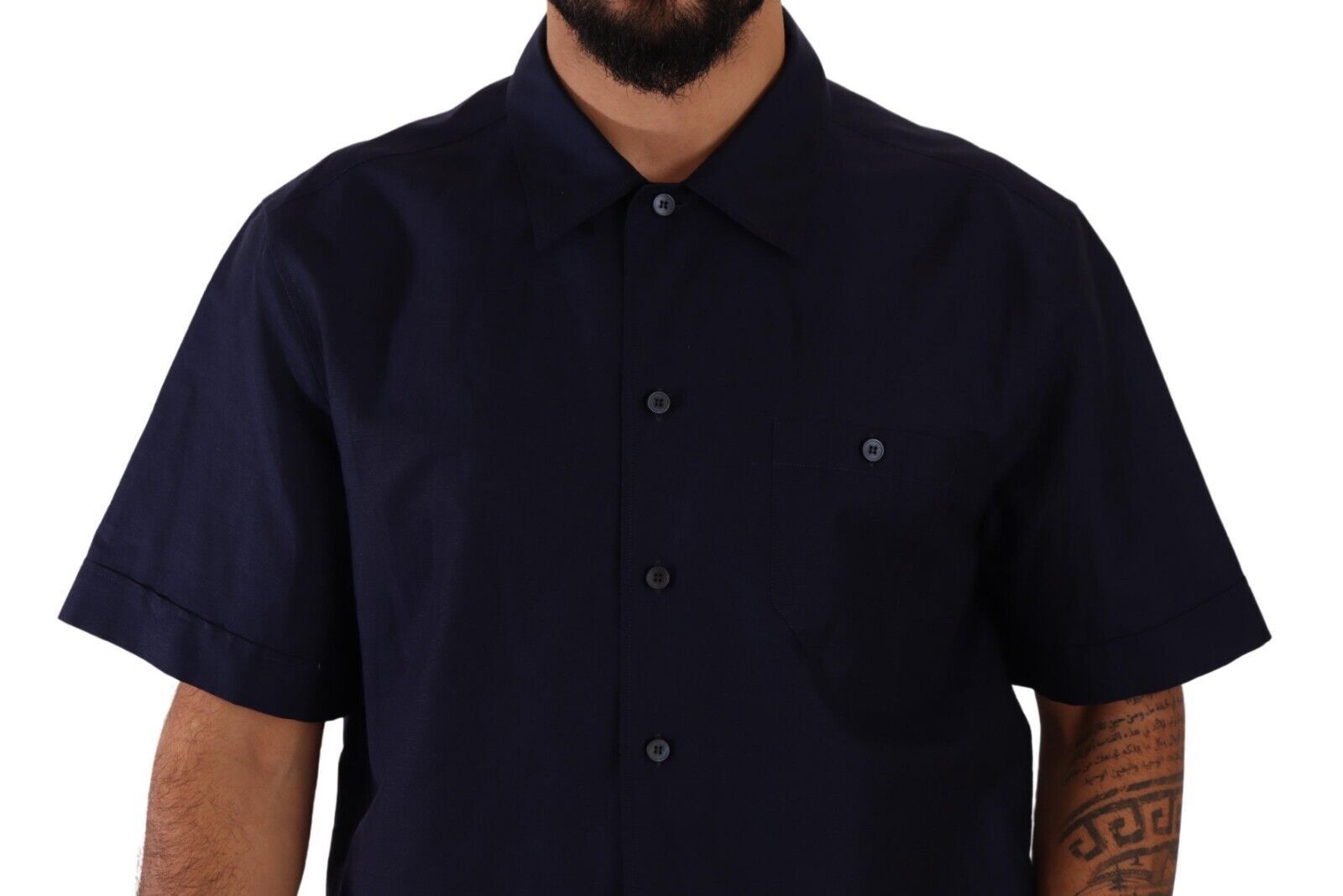 Navy Blue Button Down Short Sleeves Shirt - ventzia