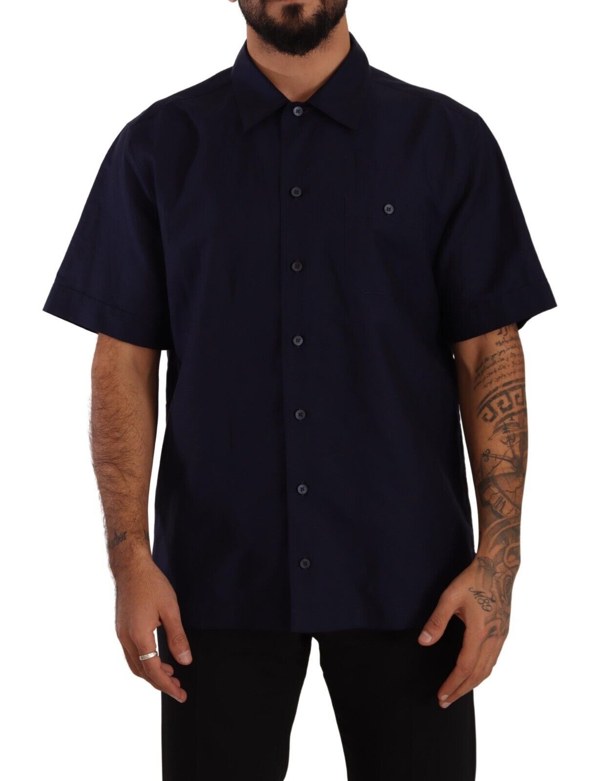 Navy Blue Button Down Short Sleeves Shirt - ventzia