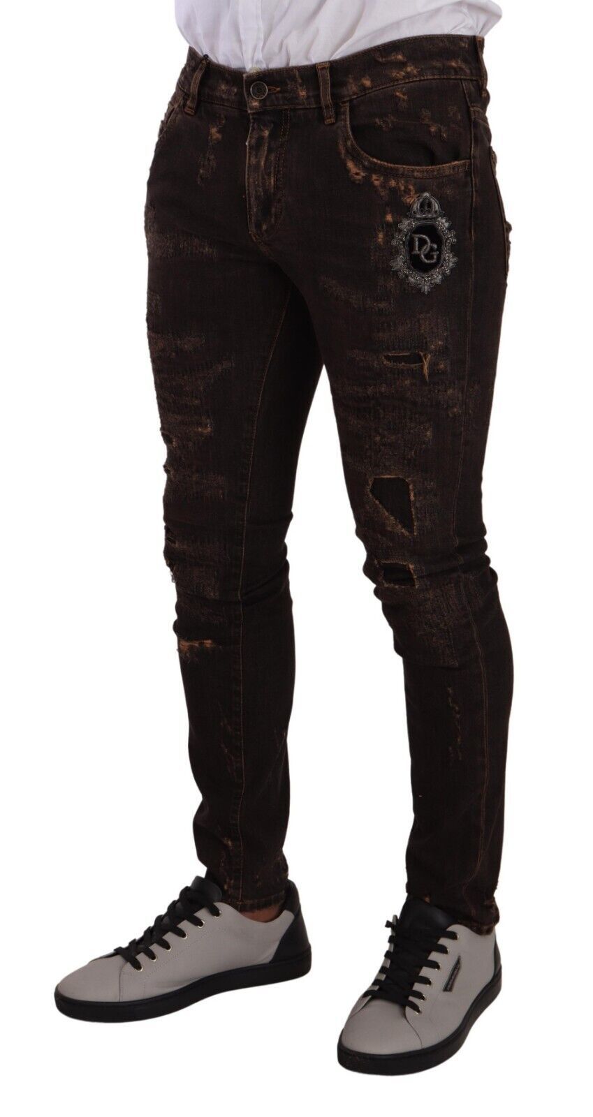 Brown Distressed Slim Fit Skinny Denim Jeans - ventzia