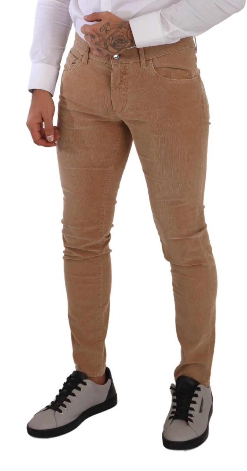 Brown Corduroy Cotton Skinny Slim Fit Jeans - ventzia