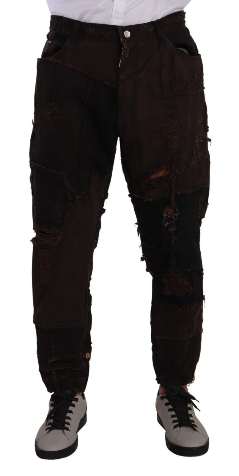 Brown Cotton Distressed Regular Denim Jeans - ventzia