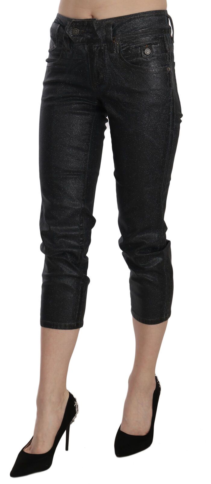 Black Washed Mid Waist Slim Leg Cropped Denim Pants - ventzia