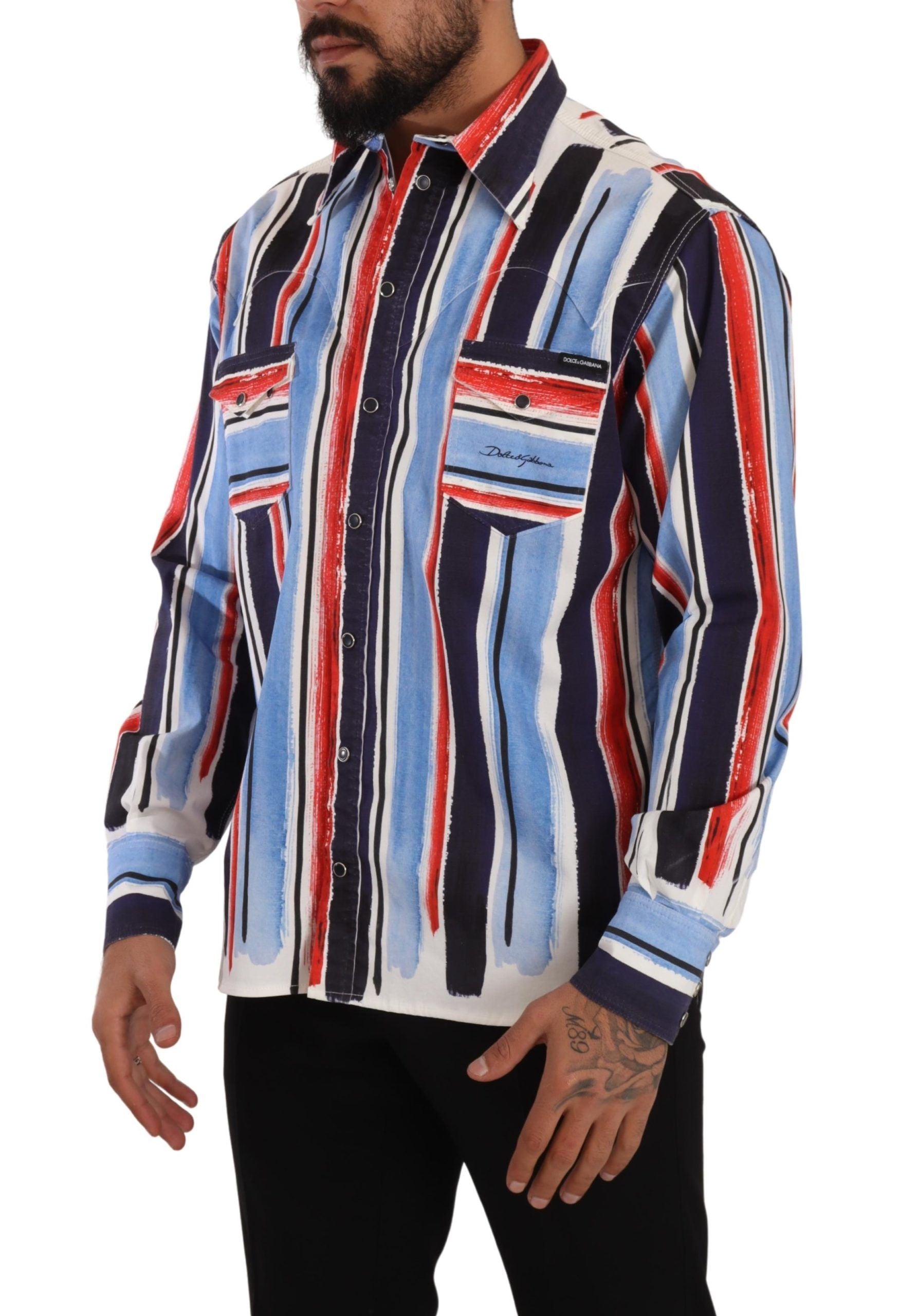 Red Striped Long Sleeve Cotton Shirt Blue - ventzia