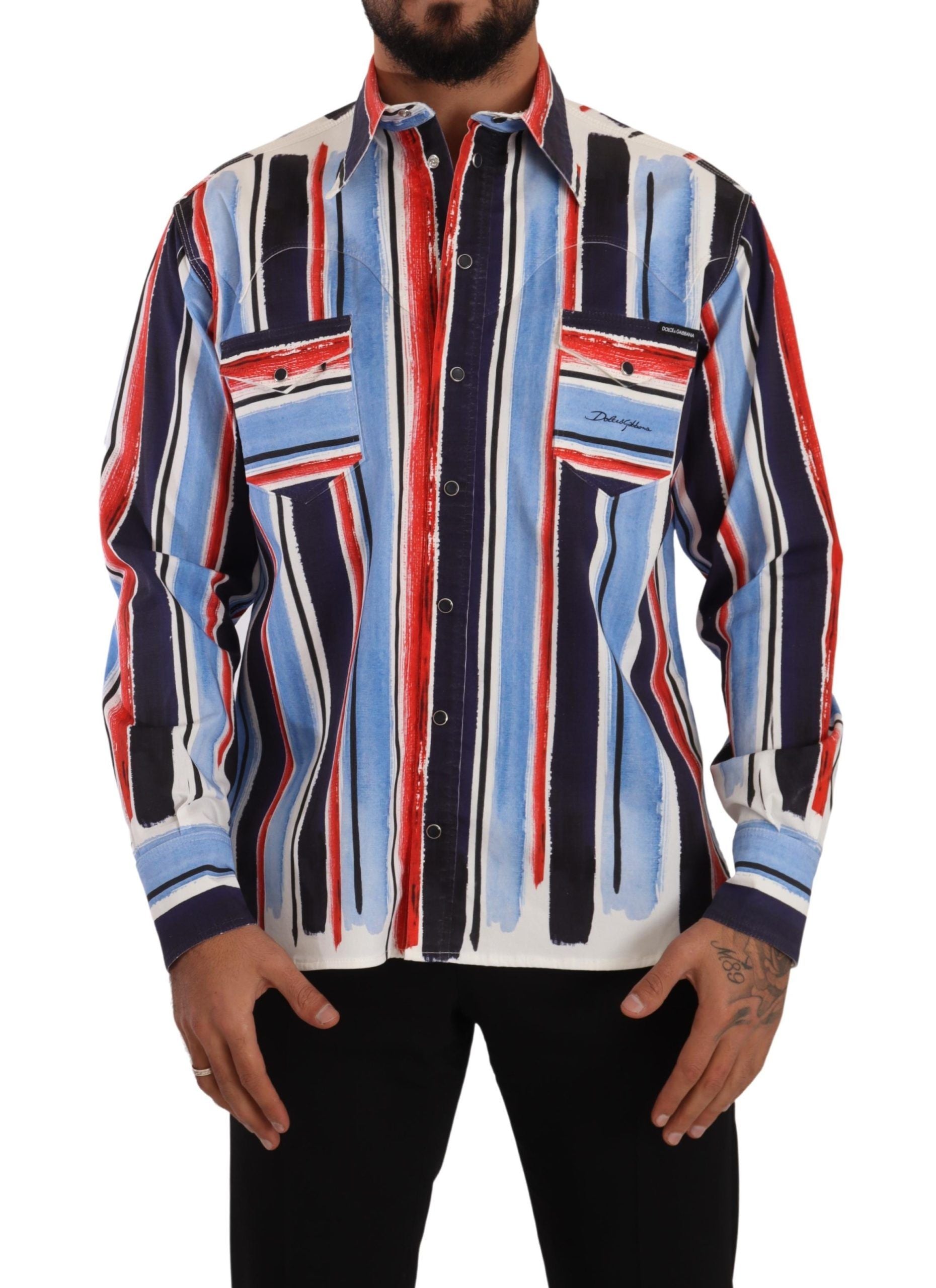 Red Striped Long Sleeve Cotton Shirt Blue - ventzia