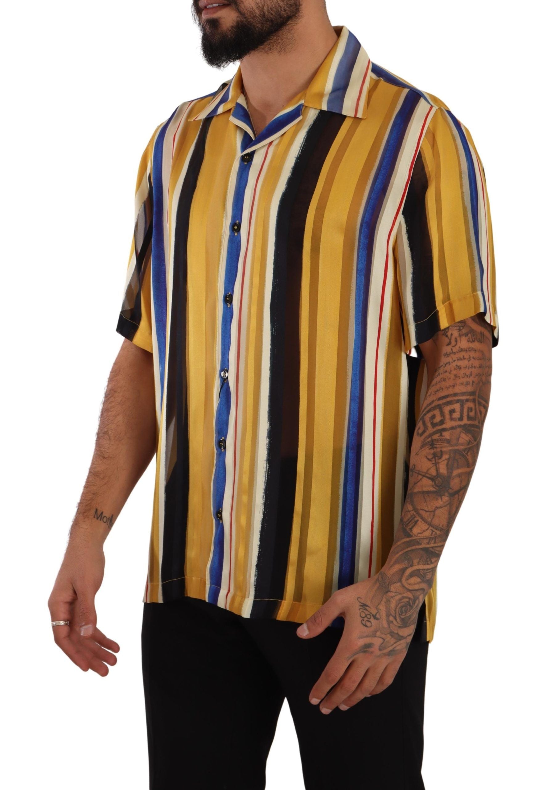 Yellow Striped Short Sleeve Silk Shirt - ventzia
