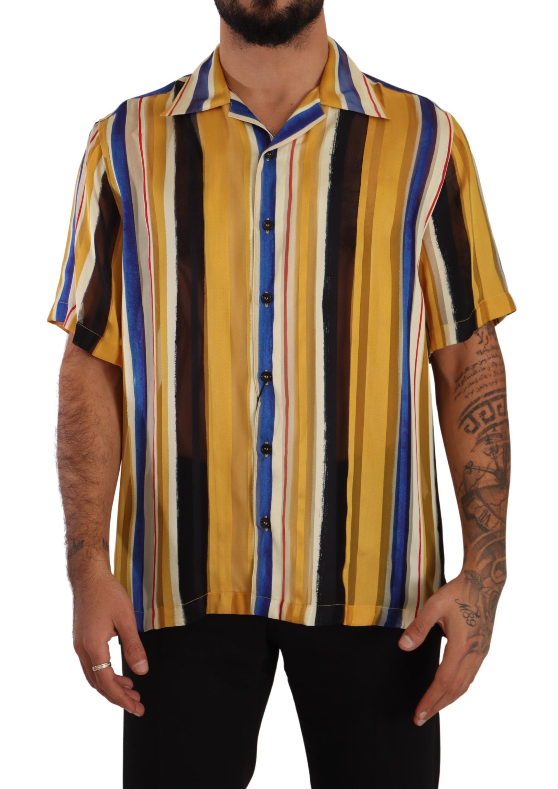 Yellow Striped Short Sleeve Silk Shirt - ventzia