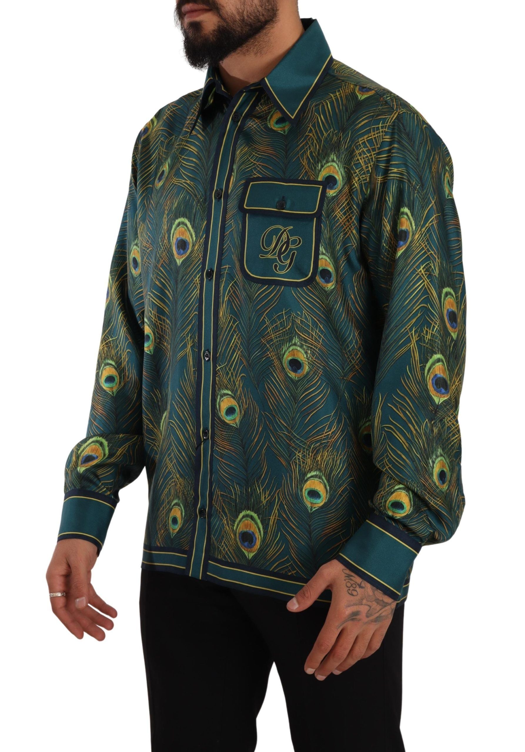 Peacock Feather Print Silk Pajama Mens Shirt - ventzia