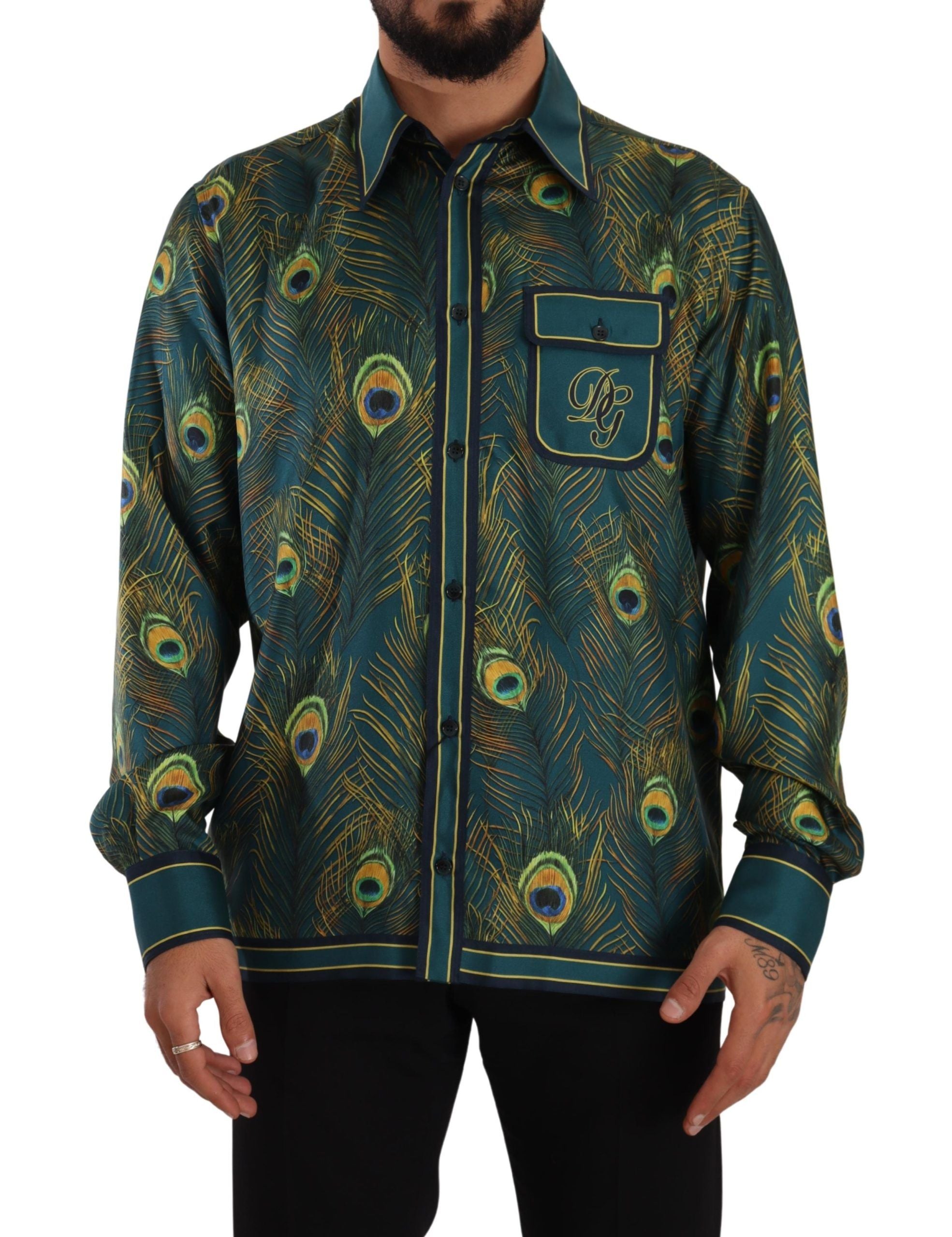 Peacock Feather Print Silk Pajama Mens Shirt - ventzia