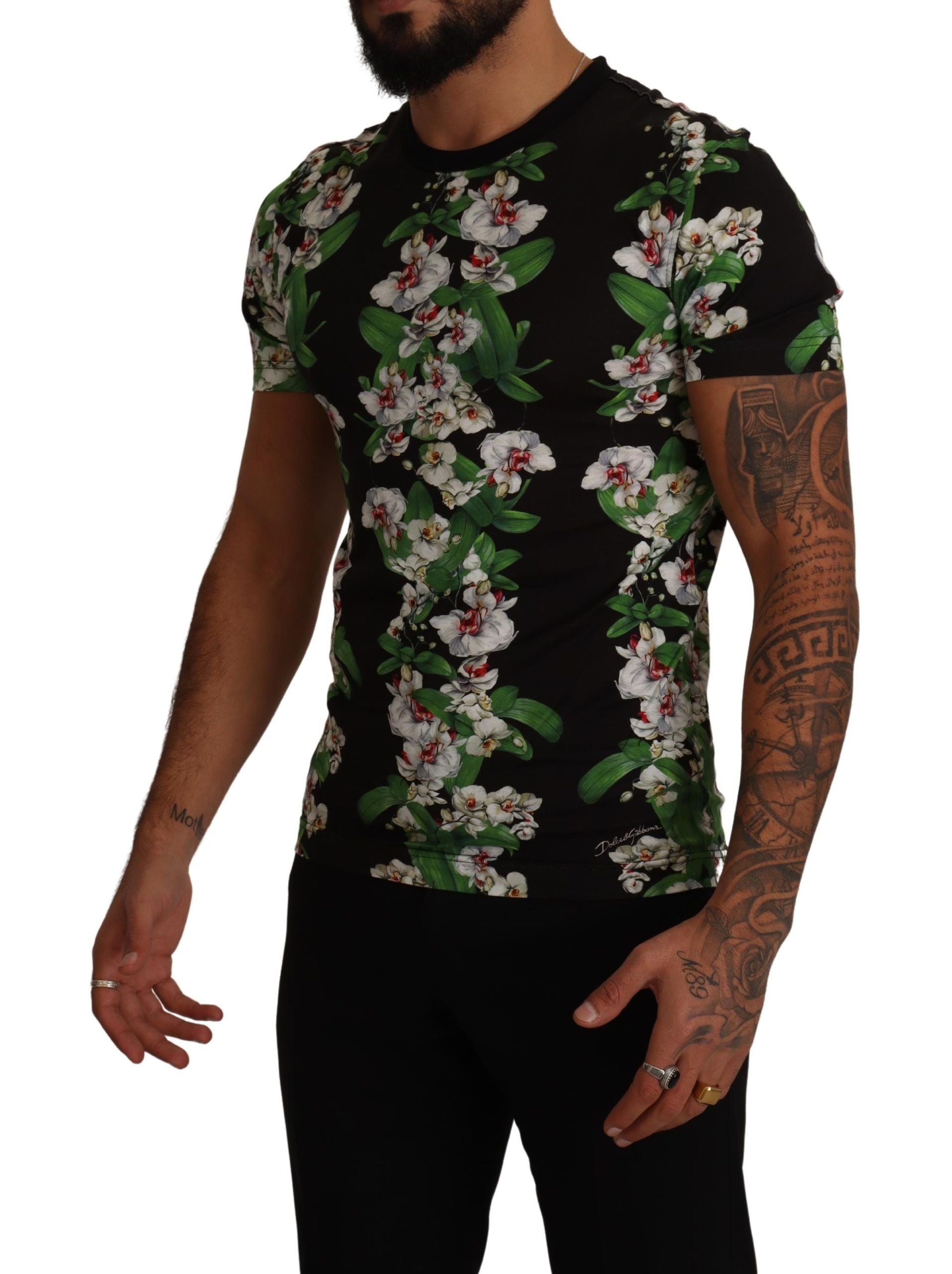 Black Floral Print Crewneck T-shirt - ventzia